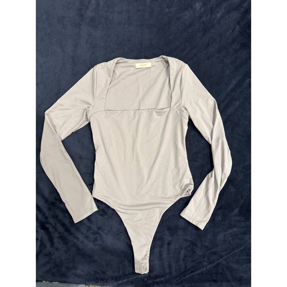Qinsen Womens Square Neck Long Sleeve Bodysuit Taupe Neutral XL Snaps Thong(516)